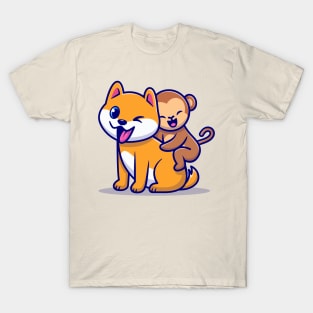 Cute Dog And Monkey Cartoon T-Shirt